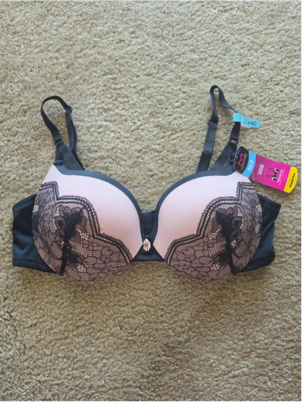 Maidenform Love the Lift Push Up Strappy Lace Demi Bra 40C Pink Black